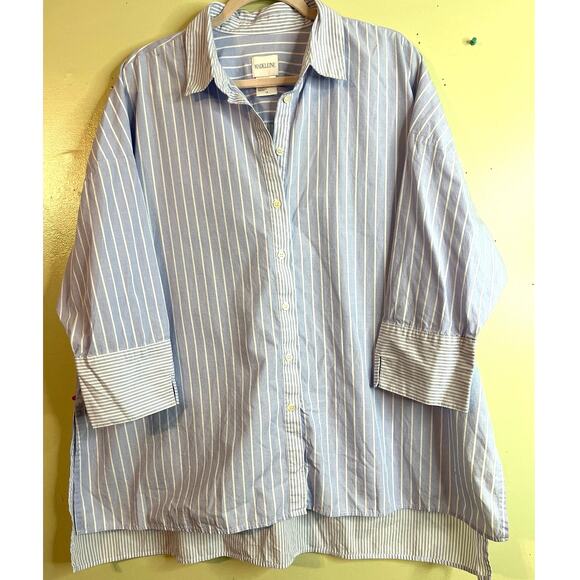 Madeleine Tops - MADELEINE Mode GmbH Blue & White Striped Button Up 3/4 Sleeve Shirt | Size 16